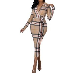 Plaid Long Sleeve Slim Fitted Belted Dress NWOT